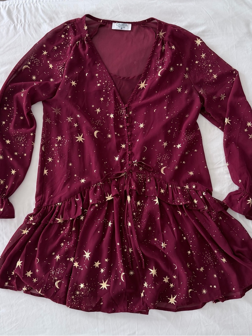 Star Print Burgundy Long Sleeve Dress
